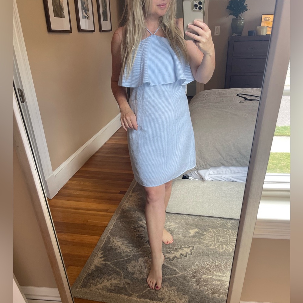 Seersucker Baby Blue & White Ruffle Top Dress size Small